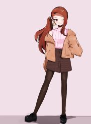 Rule 34 | 1girl, ;), absurdres, alternate hairstyle, black pantyhose, brown footwear, brown hair, brown jacket, closed mouth, commentary, earrings, grey skirt, hair ornament, hair scrunchie, hand in pocket, highres, idolmaster, idolmaster (classic), jacket, jewelry, long hair, long sleeves, looking at viewer, maa (io 215), minase iori, miniskirt, no headwear, off shoulder, one eye closed, open clothes, open jacket, pantyhose, purple eyes, purple shirt, ribbed shirt, scrunchie, shadow, shirt, shoes, side ponytail, skirt, sleeveless, sleeveless shirt, smile, solo, standing