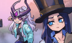 Rule 34 | 2girls, alternate costume, angry, black hair, black headwear, black shirt, blue eyes, brown headwear, brown jacket, caitlyn (league of legends), clenched hand, clenched teeth, collarbone, colored sclera, fake elf ears, grey jacket, hand up, hat, jacket, league of legends, long hair, long sleeves, multicolored background, multiple girls, open clothes, open jacket, pants, phantom ix row, pink sclera, pointy ears, ponytail, shirt, syndra, teeth, top hat, wavy mouth