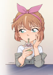 Rule 34 | 1girl, brown background, brown hair, brown jacket, cup, disposable cup, drinking straw, drinking straw in mouth, green eyes, haibara ai, hair between eyes, hairband, hand up, highres, holding, holding cup, jacket, long sleeves, meitantei conan, pink hairband, shirt, short hair, signature, solo, starbucks, tonkwmy, white shirt