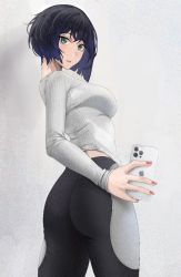 Rule 34 | 1girl, ass, black hair, black pants, blush, breasts, cellphone, from behind, green eyes, holding, holding phone, iphone, large breasts, long sleeves, looking at viewer, nail polish, original, pants, parted lips, phone, pigeon (wejil), red nails, shirt, short hair, smartphone, thighs, white shirt