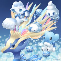 Rule 34 | alolan form, alolan vulpix, artist name, bell, blue bow, blue eyes, blue ribbon, bow, commentary request, creatures (company), cubchoo, game freak, gen 5 pokemon, gen 6 pokemon, gen 7 pokemon, gen 8 pokemon, highres, legendary pokemon, looking at viewer, merry christmas, mouth hold, nintendo, no humans, nose bubble, pokemon, pokemon (creature), ribbon, sasabunecafe, smile, snom, vanillite, watermark, xerneas