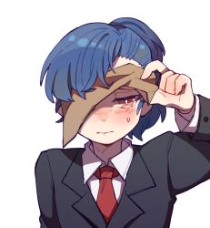 Rule 34 | 1girl, black jacket, blue hair, blush, bright pupils, brown eyes, chinese commentary, closed mouth, collared shirt, colored eyelashes, commentary request, employee (project moon), formal, highres, jacket, lobotomy corporation, long sleeves, mask lift, necktie, ponytail, project moon, red necktie, shirt, simple background, slit pupils, solo, suit, sweat, tesna, transparent background, white pupils, white shirt