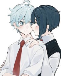 Rule 34 | 2boys, ahoge, blue eyes, blue hair, blush, chongyun (genshin impact), collared shirt, commentary request, crossed arms, eye contact, from side, genshin impact, hair between eyes, hand on another&#039;s shoulder, highres, hnnoo, light blue hair, long sleeves, looking at another, male focus, multiple boys, necktie, parted lips, profile, red necktie, school uniform, shirt, short hair, simple background, turning head, upper body, white background, white shirt, xingqiu (genshin impact), yaoi