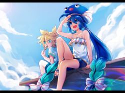 Rule 34 | 1boy, 1girl, :d, absurdly long hair, ahoge, bare shoulders, blonde hair, blue eyes, blue hair, blue headwear, blue shorts, bow, braid, camisole, character request, cloud, day, eating, ei flow, eyes visible through hair, fang, food, hair between eyes, hair bow, highres, kagamine len, letterboxed, long hair, low-braided long hair, low-tied long hair, open mouth, ponytail, popsicle, short shorts, short sleeves, shorts, sitting, sky, slippers, smile, summer, sweatdrop, twin braids, very long hair, vocaloid