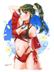Rule 34 | 1girl, absurdres, alternate hairstyle, arm behind head, bikini, breasts, cleavage, commentary, fire emblem, fire emblem: the binding blade, flower, frilled bikini, frills, green eyes, green hair, hair flower, hair ornament, highres, large breasts, looking at viewer, medium breasts, nintendo, ponytail, red bikini, smile, solo, sue (fire emblem), swimsuit, tsukimura (d24f4z8j3t)