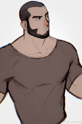 Rule 34 | 1boy, bara, beard, buzz cut, cropped torso, facial hair, full beard, highres, looking to the side, male focus, mature male, muscular, muscular male, mustache stubble, original, pectorals, powerlesssong, receding hairline, red nose, shirt, short hair, solo, stubble, t-shirt, thick eyebrows, tsurime, v-shaped eyebrows, very short hair
