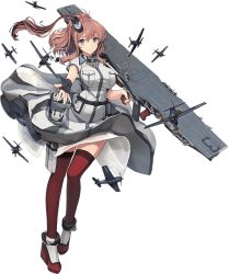 Rule 34 | 10s, 1girl, breasts, brown hair, dress, flight deck, full body, garter straps, gun, hair ornament, kantai collection, large breasts, looking at viewer, official art, ponytail, red thighhighs, saratoga (kancolle), saratoga mk ii (kancolle), shizuma yoshinori, side ponytail, smile, smokestack, solo, submachine gun, thighhighs, thompson submachine gun, transparent background, weapon, white dress