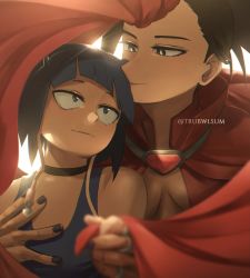 Rule 34 | 2girls, bare shoulders, black choker, black eyes, black hair, black nails, blurry, blurry background, boku no hero academia, breasts, brown hair, cape, choker, hand on another&#039;s chest, hands up, highres, jirou kyouka, light, long hair, looking at another, medium breasts, multiple girls, nail polish, ponytail, red cape, short hair, smile, tank top, trubwlsum, twitter username, upper body, yaoyorozu momo, yuri