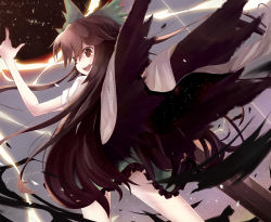 Rule 34 | 1girl, arm cannon, brown eyes, brown hair, cape, female focus, from behind, large wings, long hair, looking back, open mouth, pointing, reiuji utsuho, solo, taicho128, touhou, very long hair, weapon, wings