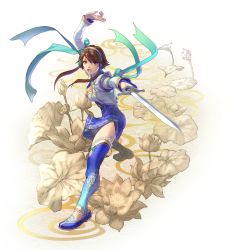 Rule 34 | absurdres, brown eyes, brown hair, chai xianghua, china dress, chinese clothes, concept art, dress, embroidery, flower, halftone, highres, jian (weapon), lotus, ribbon, shoes, solo, soul calibur, soulcalibur, soulcalibur vi, sword, weapon