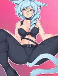 Rule 34 | 1girl, 2016, absurdres, animal ears, aqua hair, artist name, belt, black footwear, boots, breasts, cat ears, cat tail, chicapixel, choker, cleavage, earrings, facial mark, final fantasy, final fantasy xiv, glasses, highres, jewelry, large breasts, looking to the side, midriff, miqo&#039;te, navel, single earring, slit pupils, solo, spread legs, tail, whisker markings, yellow eyes