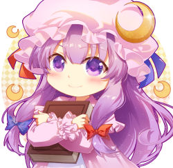 Rule 34 | 1girl, blue ribbon, blush, book, capelet, chibi, commentary, crescent, crescent hair ornament, dress, hair between eyes, hair ornament, hat, hat ribbon, holding, holding book, jokanhiyou, long hair, long sleeves, looking at viewer, mob cap, patchouli knowledge, purple capelet, purple dress, purple eyes, purple hair, purple hat, red ribbon, ribbon, simple background, smile, solo, touhou, upper body, white background