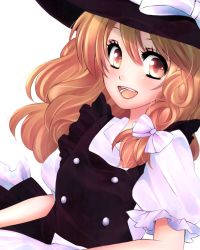 Rule 34 | 1girl, :d, bad id, bad pixiv id, blonde hair, female focus, hat, kirisame marisa, looking at viewer, maya (many pictures), multicolored eyes, open mouth, short sleeves, simple background, smile, solo, touhou, white background, yellow eyes