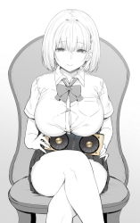 Rule 34 | 1girl, bob cut, bow, bowtie, breasts, chair, crossed legs, graphics card, greyscale, highres, himeko (sky-freedom), large breasts, looking at viewer, monochrome, original, pleated skirt, school uniform, shirt, short hair, short sleeves, sitting, skirt, sky-freedom, smile, solo, spot color, taut clothes, taut shirt, graphics card, white background