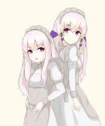 Rule 34 | 2girls, age comparison, back-to-back, chirun0, closed mouth, fire emblem, fire emblem: three houses, hair ornament, highres, long hair, long sleeves, looking back, lysithea von ordelia, maid, maid headdress, multiple girls, nintendo, open mouth, pink eyes, simple background, smile, white background, white hair