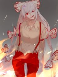 Rule 34 | 1girl, 2016, artist name, bow, buttons, collarbone, collared shirt, cowboy shot, dated, dress shirt, eyelashes, fire, fujiwara no mokou, hair bow, hair over eyes, hair ribbon, hands in pockets, head tilt, long hair, long sleeves, looking at viewer, open mouth, pants, red eyes, red pants, ribbon, shirt, signature, skn (1476883), smile, solo, suspenders, teeth, touhou, tress ribbon, very long hair, white hair, white shirt