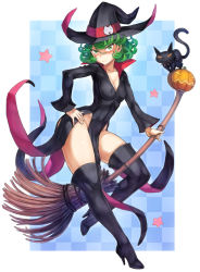 Rule 34 | 1girl, animal, black cat, black dress, black footwear, black hat, blue background, boots, breasts, broom, cat, checkered background, cleavage, closed mouth, cover, dress, fantasy, floating, floating object, flying, green eyes, green hair, hair between eyes, halloween, hand on own hip, hat, high heel boots, high heels, highres, levitation, light smile, long sleeves, looking at viewer, magic, medium breasts, mogudan, no bra, no panties, one-punch man, pelvic curtain, psychic, shiny skin, short hair, solo, star (symbol), tatsumaki, telekinesis, thigh boots, thighhighs, thighs, wide sleeves, witch hat