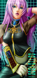 Rule 34 | 1girl, 7/11 (fukuso), :d, arm up, arm warmers, asymmetrical sleeves, belt, binary, blue eyes, blue hair, breasts, brooch, colored eyelashes, covered erect nipples, covered navel, detached sleeves, gem, gradient hair, grid background, hand in own hair, highres, jewelry, large breasts, long hair, looking at viewer, megurine luka, multicolored hair, multiple belts, nail polish, open mouth, pink hair, pink lips, pink nails, blue gemstone, single sleeve, smile, solo, uneven sleeves, vocaloid, yellow detached sleeves