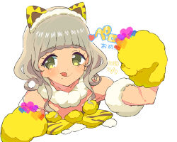 Rule 34 | 1girl, animal ears, animal hands, animal print, bare shoulders, brown hair, cat ears, commentary request, cropped torso, curly hair, fake animal ears, fur collar, gloves, hairband, hand up, heart, idol clothes, looking at viewer, moudoku (decopon3rd), paw gloves, pretty series, pripara, short hair, simple background, smile, solo, taiyo pepper, tiger print, tongue, tongue out, translation request, upper body, white background, yellow eyes, yellow hairband
