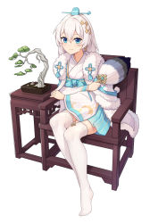 Rule 34 | 1girl, blue eyes, bonsai, cat-quest-sun, chair, chinese clothes, closed mouth, earrings, female focus, full body, hair between eyes, hair ornament, hand fan, highres, holding, honkai (series), honkai impact 3rd, jewelry, looking at viewer, simple background, sitting, smile, solo, table, theresa apocalypse, zhuge kongming (honkai impact), thighhighs, white background, white hair, white thighhighs, zhuge kongming (honkai impact)
