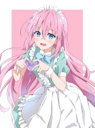 Rule 34 | 1girl, apron, aqua dress, blue bow, blue bowtie, blue eyes, blush, bocchi the rock!, border, bow, bowtie, dress, frilled apron, frills, gotoh hitori, hair between eyes, heart, heart hands, highres, kikugawa roku, long dress, long hair, looking at viewer, maid apron, maid headdress, open mouth, outside border, pink background, pink hair, simple background, slime (substance), solo, very long hair, waist apron, white apron, white border, white wrist cuffs, wrist cuffs