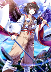 Rule 34 | 1girl, alternate costume, bird wings, black hair, black wings, e.o., feathers, hat, hat ribbon, highres, japanese clothes, long sleeves, pants, polearm, pom pom (clothes), red eyes, ribbon, sash, shakujou, shameimaru aya, shirt, solo, staff, tokin hat, touhou, weapon, wide sleeves, wings