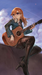 Rule 34 | 1girl, absurdres, black footwear, blazer, blue jacket, blue sky, boots, cloud, collared shirt, commentary request, day, dress, dress shirt, full body, grey dress, guitar, hair between eyes, headphones, headphones around neck, high heel boots, high heels, highres, holding, holding instrument, instrument, jacket, long hair, long sleeves, looking to the side, love live!, love live! superstar!!, medium hair, music, neck ribbon, open clothes, open jacket, open mouth, orange hair, outdoors, pantyhose, pinafore dress, playing instrument, plectrum, popupi 12, purple eyes, red ribbon, ribbon, school uniform, shibuya kanon, shirt, short dress, sitting, sky, sleeveless, sleeveless dress, solo, string tie, thigh boots, white shirt, yuigaoka school uniform