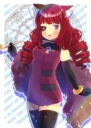 Rule 34 | 1girl, :d, animal ear fluff, animal ears, bare shoulders, black gloves, black thighhighs, blush, breasts, commission, diagonal stripes, dress, drill hair, elbow gloves, gloves, holding, holding smoking pipe, kiseru, kou hiyoyo, long hair, looking at viewer, open mouth, red dress, red eyes, red hair, skeb commission, sleeveless, sleeveless dress, small breasts, smile, smoking pipe, solo, stella hoshii, striped, striped background, tail, thighhighs, twin drills, va-11 hall-a