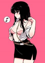 Rule 34 | 1girl, alphy, belt, belt buckle, black eyes, black hair, black skirt, blush, bra, breasts, buckle, chain, choker, collarbone, collared shirt, dress shirt, fon (alphy), gold chain, large breasts, long hair, looking at viewer, looking to the side, musical note, off shoulder, open clothes, open shirt, original, pencil skirt, pink background, pink bra, quaver, shirt, short sleeves, simple background, skirt, smile, solo, spoken musical note, underwear, white shirt