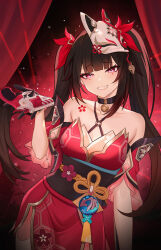 1girl absurdres bare_shoulders bell belt black_choker black_gloves black_hair black_sash blush breasts chest_tattoo choker collarbone curtains detached_sleeves dress fang floral_print flower_tattoo fox_mask gloves gun hair_ornament hand_up handgun highres holding holding_gun holding_weapon honeycomb_(pattern) honkai:_star_rail honkai_(series) knot konpaku9youmu long_hair looking_at_viewer mask mask_on_head medium_breasts mole mole_under_each_eye mole_under_eye multiple_moles neck_bell pink_eyes red_background red_dress sash seigaiha short_sleeves sidelocks sleeveless sleeveless_dress smile solo sparkle_(honkai:_star_rail) sparkle_background standing tattoo teeth twintails weapon yellow_belt