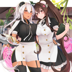 Rule 34 | 2girls, :o, absurdres, alternate costume, apron, asymmetrical docking, black dress, black legwear, black nails, blush, breast press, breasts, brown eyes, brown hair, bun cover, coffee, coffee cup, collared apron, commentary, cowboy shot, cup, dark-skinned female, dark skin, disposable cup, dress, enmaided, female focus, flower, food, garter straps, glasses, grey-framed eyewear, hair bun, hair ornament, headgear, highres, holding, holding menu, holding tray, kantai collection, large breasts, long hair, looking at viewer, maid, matching hair/eyes, menu, multiple girls, musashi (kancolle), musashi kai ni (kancolle), nail polish, neck ribbon, open mouth, plate, platinum blonde hair, ponytail, puffy short sleeves, puffy sleeves, red eyes, ribbon, sandwich, semi-rimless eyewear, short sleeves, single hair bun, smile, thighhighs, tray, twintails, under-rim eyewear, very long hair, waist apron, white ribbon, yamato (kancolle), yunamaro