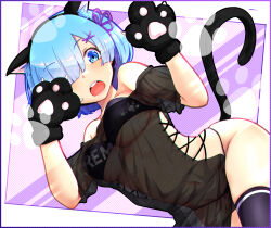 Rule 34 | 1girl, absurdres, animal ears, animal hands, bare shoulders, bikini, black bikini, black shirt, black tail, black thighhighs, blue eyes, blue hair, breasts, cat ears, cat tail, character name, commentary request, cross-laced clothes, fake animal ears, fake tail, flower knot, gloves, hair ornament, hair over one eye, hands up, highres, large breasts, looking at viewer, navel, off-shoulder shirt, off shoulder, open mouth, paw gloves, paw print, psyto qy2, re:zero kara hajimeru isekai seikatsu, rem (re:zero), see-through, see-through shirt, shirt, short hair, solo, strapless, strapless bikini, string bikini, swimsuit, tail, teeth, thighhighs, thighs, underboob, upper teeth only, x hair ornament