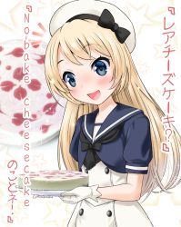 Rule 34 | 1girl, :d, beret, black bow, black neckwear, blonde hair, blue eyes, blue shirt, blush, bow, cheesecake, commentary request, dress, food, gloves, hat, hat bow, highres, holding, holding plate, jervis (kancolle), kantai collection, long hair, looking away, looking down, neko danshaku, open mouth, plate, puffy short sleeves, puffy sleeves, school uniform, serafuku, shirt, short sleeves, smile, solo, star (symbol), translation request, very long hair, white background, white day, white dress, white gloves, white hat