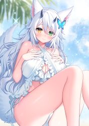 Rule 34 | 1girl, animal ears, bare arms, bare shoulders, bikini, blue sky, blush, breasts, butterfly hair ornament, cleavage, closed mouth, cloud, commission, day, feet out of frame, fox ears, fox girl, fox tail, frilled bikini, frills, green eyes, hair between eyes, hair ornament, halterneck, hands up, heterochromia, highres, horns, knees up, large breasts, looking at viewer, original, outdoors, palm tree, pixiv commission, sacraneco, sitting, sky, solo, swimsuit, tail, tree, white bikini, yellow eyes