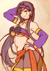 Rule 34 | 1girl, bare shoulders, blush, breasts, cleavage, dancer, detached sleeves, dragon quest, dragon quest xi, highres, jewelry, large breasts, lioreo, long hair, martina (dq11), midriff, parted lips, ponytail, purple eyes, purple hair, signature, solo, strapless, tube top, very long hair