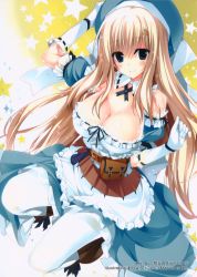 Rule 34 | 10s, 1girl, apron, bag, bare shoulders, belt, belt pouch, beret, blonde hair, blue eyes, blush, breasts, buckle, cleavage, collarbone, detached collar, detached sleeves, dress, full body, gloves, hat, highres, large breasts, long hair, oryo (oryo04), pocket, pouch, puffy short sleeves, puffy sleeves, ribbon-trimmed collar, ribbon-trimmed gloves, ribbon trim, senran kagura, short sleeves, smile, thighhighs, waist apron, white gloves, white thighhighs, yomi (senran kagura)