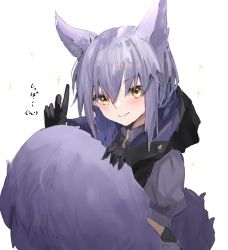 Rule 34 | 1girl, animal ears, arknights, black gloves, black vest, braid, closed mouth, commentary request, fang, gloves, hand up, highres, holding own tail, horn/wood, large tail, looking at viewer, medium hair, provence (arknights), purple hair, purple shirt, shirt, simple background, sitting, solo, sparkle, tail, translation request, vest, white background, wolf ears, wolf girl, wolf tail, yellow eyes