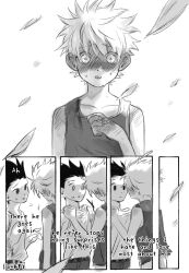 Rule 34 | 2boys, absurdres, armlet, black shirt, black shorts, blush, child, clothes tug, comic, english text, falling leaves, flower armlet, flower ring, gon freecss, green hair, hair between eyes, highres, hunter x hunter, iwakki, jewelry, killua zoldyck, leaf, looking at another, male focus, monochrome, multiple boys, nervous, ring, shirt, short hair, shorts, signature, sitting, sleeveless, smile, surprised, sweatdrop, white hair, white shirt, white shorts, yaoi