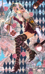 Rule 34 | 1girl, android, argyle, blue eyes, bow, building, candy, chocolate, chocolate heart, cloud, cross, detached sleeves, flower, food, hair bow, headphones, heart, high heels, jetpack, john hathway, long hair, looking at viewer, original, pink hair, popsicle, rose, shoes, sky, solo, striped clothes, striped thighhighs, thighhighs