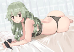 Rule 34 | 1girl, alternate hairstyle, anchovy (girls und panzer), ass, bed, bed sheet, black bra, black panties, black ribbon, bra, commentary, curvy, drill hair, dutch angle, girls und panzer, green hair, hair down, hami dmg, holding, holding ribbon, indoors, lace, lace-trimmed bra, lace-trimmed panties, lace trim, long hair, looking at viewer, lying, micro panties, on bed, on stomach, panties, parted lips, polka dot, polka dot bra, polka dot panties, red eyes, ribbon, skindentation, smile, solo, thong, underwear, underwear only