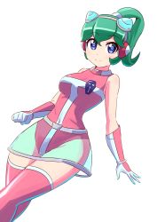 Rule 34 | 1girl, absurdres, blue eyes, breasts, calen (time bokan), closed mouth, fumiki rikiya, gloves, green hair, headgear, highres, leotard, looking at viewer, pink leotard, pink thighhighs, ponytail, see-through, see-through skirt, short hair, simple background, skirt, sleeveless, smile, solo, standing, thighhighs, time bokan 24, white background, white gloves