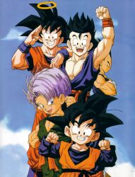 Rule 34 | 5boys, black hair, blue eyes, blue sky, brothers, cloud, cloudy sky, dragon ball, dragonball z, father and son, happy, highres, messy hair, multiple boys, muscular, muscular male, official art, open mouth, salute, siblings, sky, son gohan, son goku, son goten, spiked hair, trunks (dragon ball), vegeta