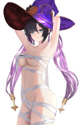 Rule 34 | absurdres, areola slip, arms up, bandages, breasts, genshin impact, groin, hat, highres, looking at viewer, medium breasts, mona (genshin impact), navel, nude, purple hair, purple hat, standing, twintails, witch hat, yami (rear4742)
