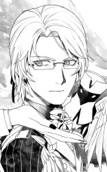 Rule 34 | 1boy, antonio salieri (fate), antonio salieri (traveling outfit) (fate), armor, bespectacled, cheekbones, fate/grand order, fate (series), flower, formal, glasses, greyscale, holding, holding flower, male focus, monochrome, pinstripe pattern, pinstripe suit, sindri, solo focus, striped, suit