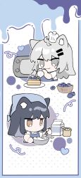 Rule 34 | 2girls, animal ear fluff, animal ears, apron, arknights, black hair, blue apron, blueberry, bowl, brown eyes, cake, chef hat, chibi, closed mouth, collared shirt, commentary request, cropped torso, food, fruit, grey eyes, grey hair, hair ornament, hairclip, hat, heart, highres, holding, lappland (arknights), long hair, microwave, multiple girls, pastry bag, shirt, short sleeves, smile, texas (arknights), tilted headwear, upper body, whisk, white headwear, white shirt, xijian