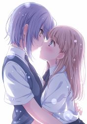 Rule 34 | 2girls, arm around waist, black ribbon, black skirt, blonde hair, blush, braid, brown eyes, closed mouth, collared shirt, copyright request, earrings, eye contact, face-to-face, from side, grey eyes, grey vest, height difference, highres, imminent kiss, jewelry, long hair, looking at another, multiple girls, neck ribbon, necktie, profile, purple hair, ribbon, sekina, shirt, short hair, short sleeves, side braid, simple background, skirt, smile, vest, white background, white shirt, wing collar, yuri