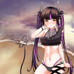 Rule 34 | 1girl, alternate costume, beach, bikini, black bikini, black hair, blurry, blurry background, blush, breasts, cleavage, cloud, commentary request, contrapposto, cowboy shot, dameyoshi, demon girl, demon horns, demon tail, fisheye, frilled bikini, frills, hand on own neck, heart, highres, horizon, horns, kojo anna, kojo anna (1st costume), long hair, looking to the side, medium breasts, multicolored hair, nanashi inc., navel, ocean, open mouth, outdoors, pointy ears, purple eyes, see-through, see-through cleavage, solo, sugar lyric, sunset, swimsuit, tail, twintails, two-tone hair, virtual youtuber, water, yellow eyes