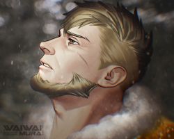 Rule 34 | 1boy, absurdres, artist name, beard, blonde hair, blurry, blurry background, close-up, facial hair, fire emblem, fire emblem: three houses, highres, jeralt reus eisner, looking to the side, looking up, male focus, mature male, nintendo, signature, snowing, solo, teeth, waiwai mura, watermark, yellow eyes