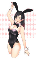 Rule 34 | 1girl, :d, animal ears, arm at side, arm up, armpits, bare shoulders, black bow, black bowtie, black hair, black hairband, black leotard, black ribbon, blush, bow, bowtie, breasts, cleavage, copyright request, cropped legs, detached collar, fake animal ears, groin, hairband, highres, large breasts, leotard, lips, looking at viewer, open mouth, pirlo, playboy bunny, purple eyes, rabbit ears, ribbon, side-tie leotard, smile, solo, strapless, strapless leotard, swept bangs, tareme, teeth, thighs, upper teeth only, wrist cuffs