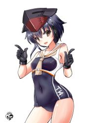 Rule 34 | 1girl, artist logo, asymmetrical hair, black gloves, black hair, black one-piece swimsuit, brown eyes, chize, commentary request, contrapposto, covered navel, cowboy shot, crop top, framed breasts, gloves, hair between eyes, hat, headphones, i-14 (kancolle), kantai collection, neckerchief, one-hour drawing challenge, one-piece swimsuit, partially fingerless gloves, sailor collar, school swimsuit, short hair, simple background, solo, swimsuit, white background